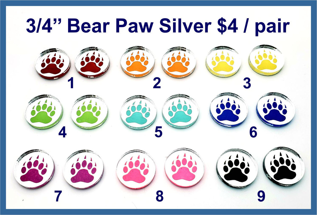 Nine pairs of 3/4 inch round silver mirror acrylic bear paw cabochons (cabs) in rainbow colours