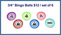 Six 3/4 inch bingo ball cabochons (cabs) numbered 15, 45, 75, 30 and 60, plus one reading BINGO