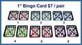 Six pairs of 1 inch engraved acrylic bingo card cabochons (cabs) painted in six colours, numbered 1 to 6