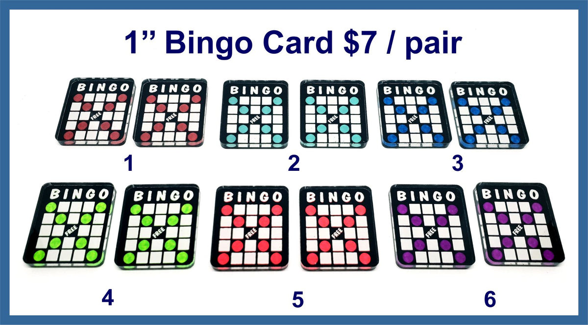 Six pairs of 1 inch engraved acrylic bingo card cabochons (cabs) painted in six colours, numbered 1 to 6