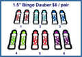 Six pairs of 1.5 inch black acrylic bingo dauber cabochons (cabs) with painted dots in six colours