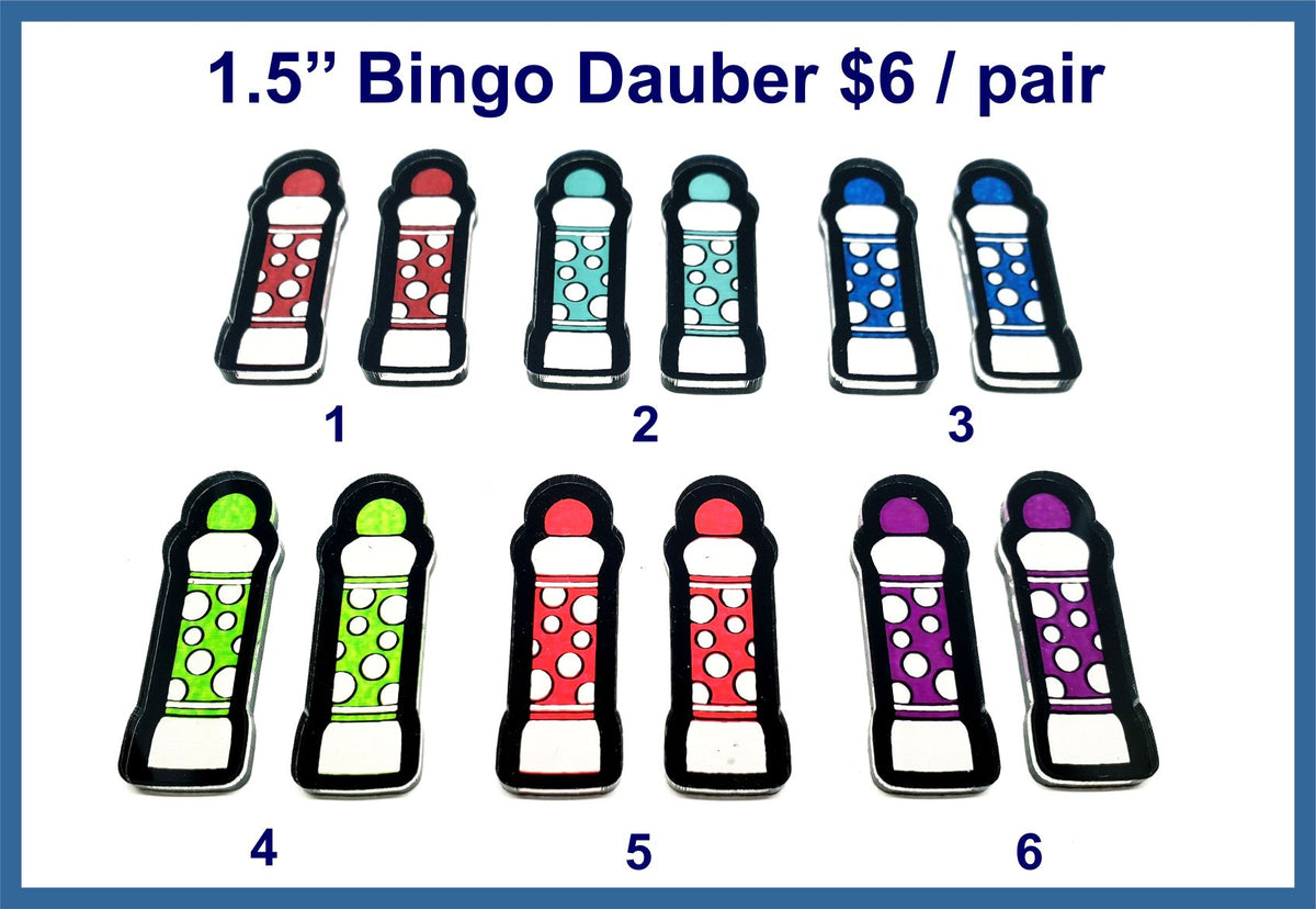 Six pairs of 1.5 inch black acrylic bingo dauber cabochons (cabs) with painted dots in six colours