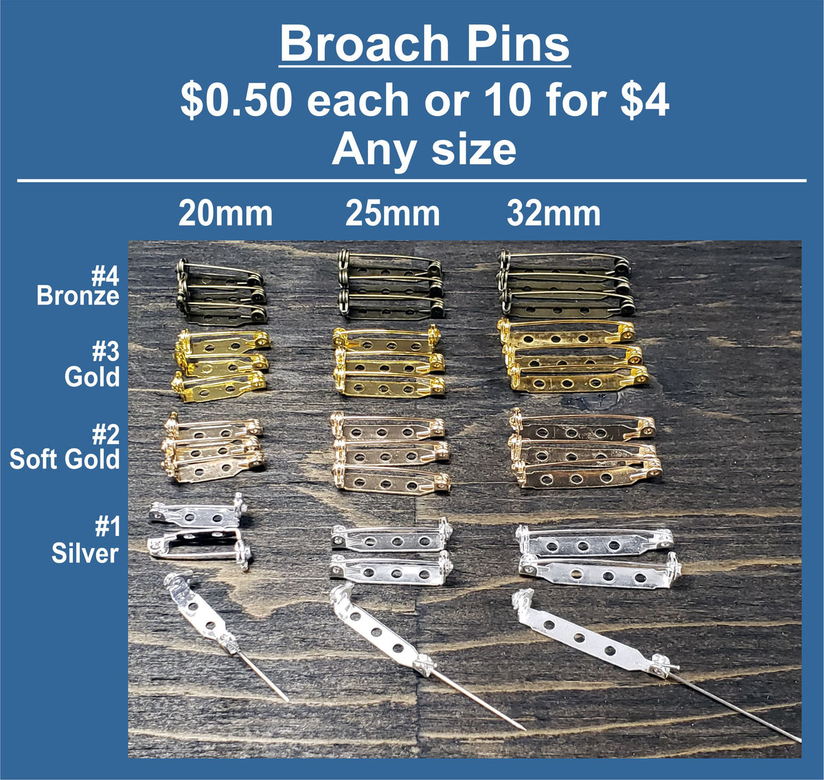 Chart of brooch pins in 20mm, 25mm and 32mm, in bronze, gold, silver and soft gold rows