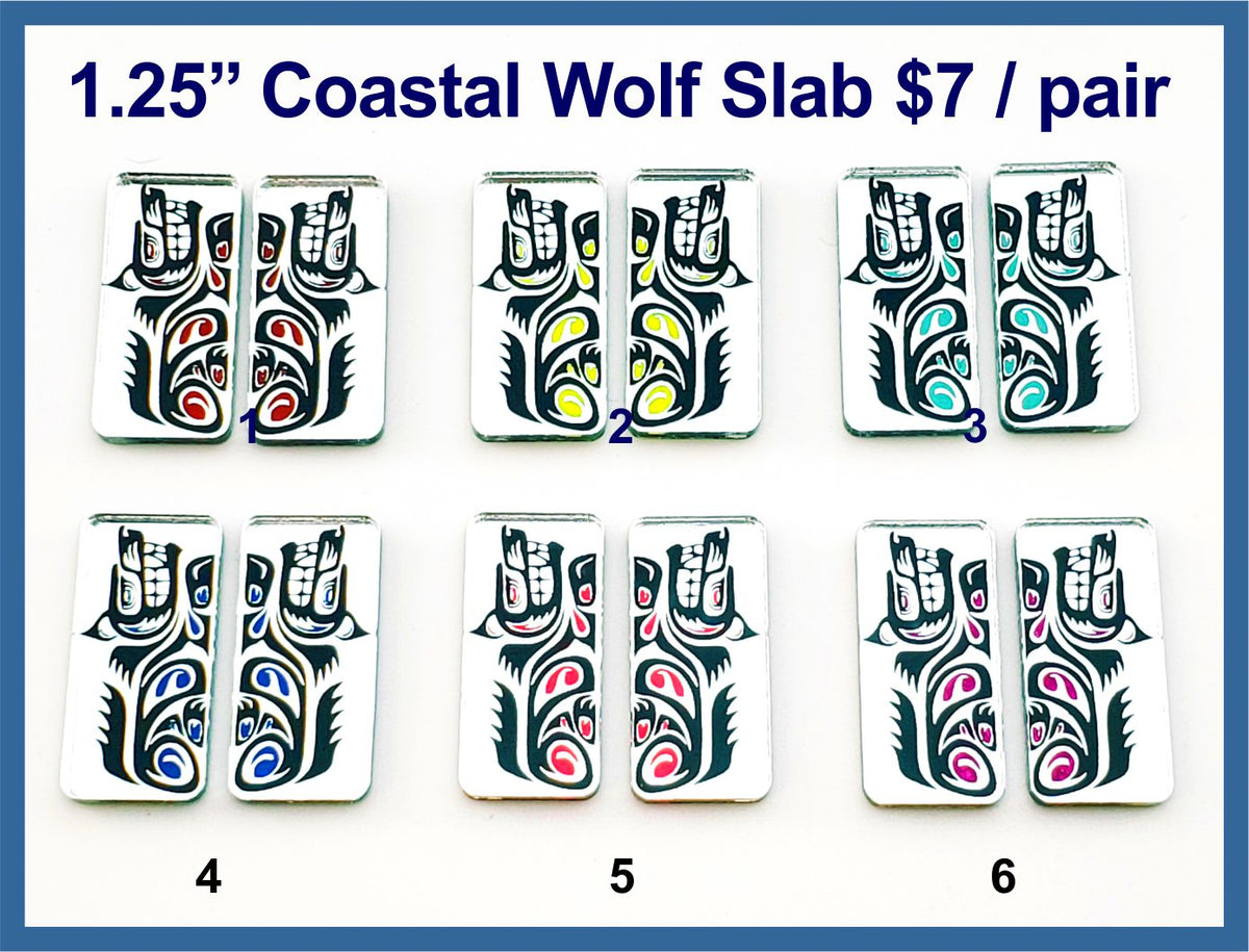 Six pairs of 1.25 inch rectangular Coastal wolf slab cabochons (cabs) on silver mirror acrylic in six colours