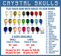 Chart of 26 colours of crystal skull flat back gems with sew holes, in small and large sizes
