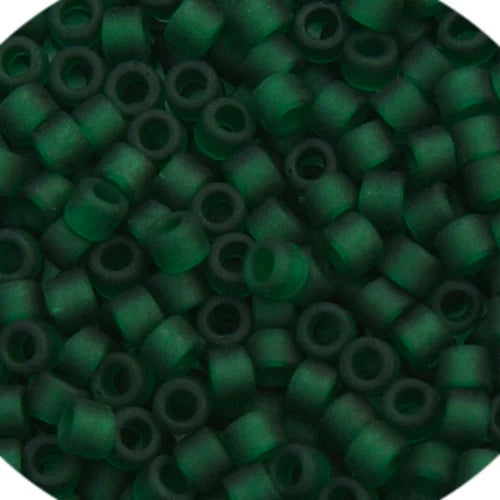 Close-up of Miyuki Delica 11/0 DB0767 cylinder beads in matte transparent dark emerald