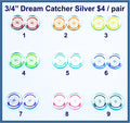 Nine pairs of 3/4 inch round silver mirror acrylic dreamcatcher cabochons (cabs) in rainbow colours