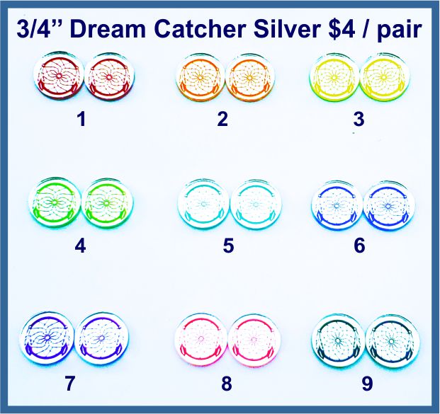 Nine pairs of 3/4 inch round silver mirror acrylic dreamcatcher cabochons (cabs) in rainbow colours