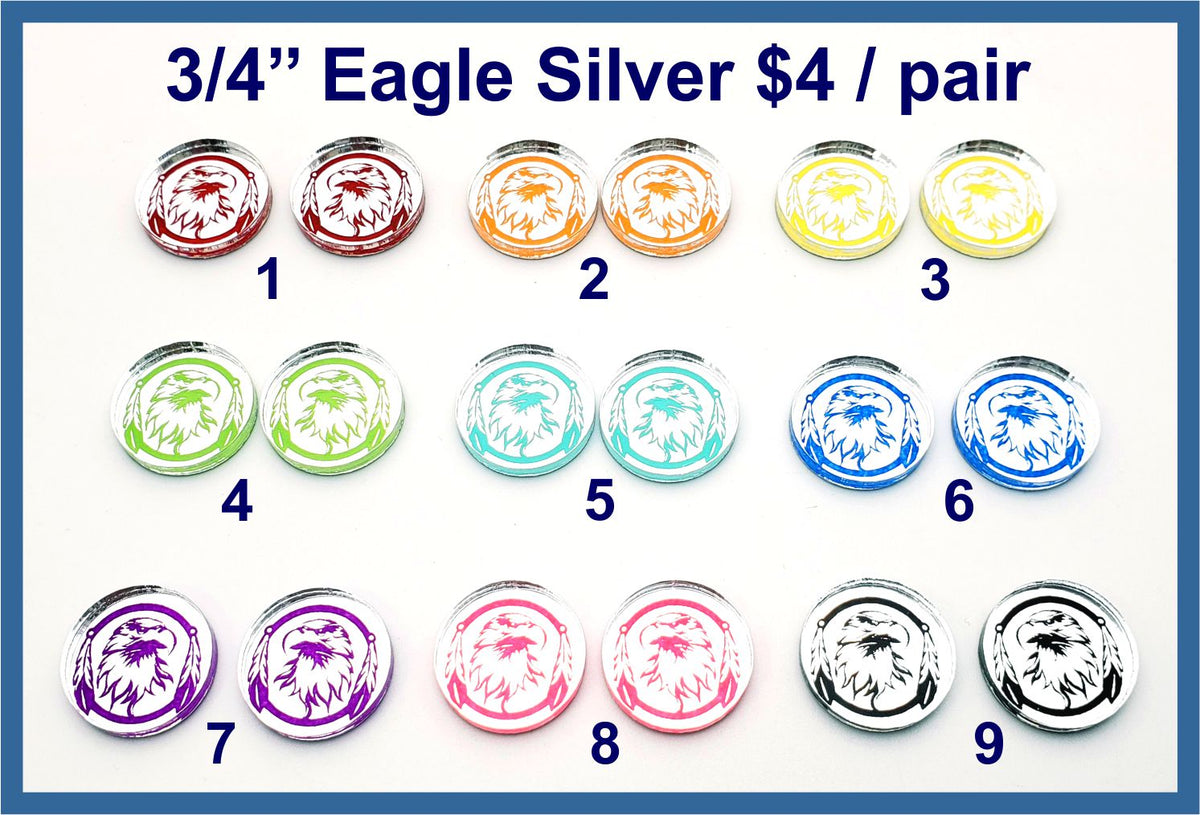 Nine pairs of 3/4 inch round silver mirror acrylic eagle head cabochons (cabs) in rainbow colours
