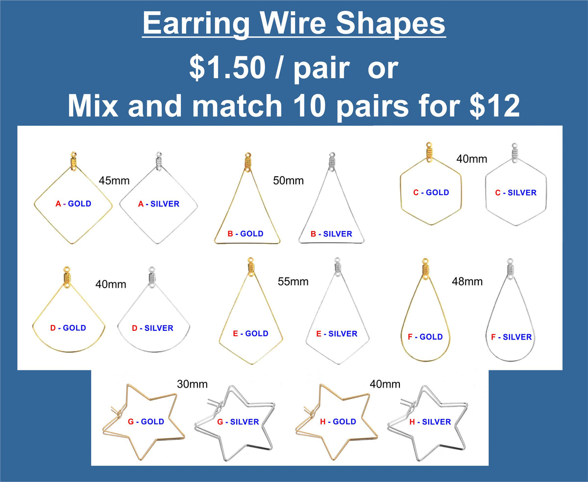 Chart of stainless steel geometric earring wire shapes, numbered for mix and match