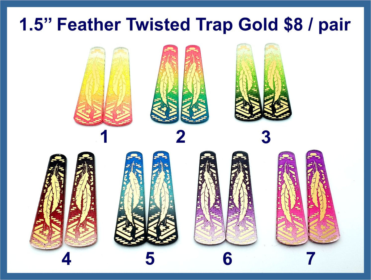 Seven pairs of gold acrylic twisted trap cabs with engraved feather designs in painted colours, numbered 1 to 7