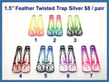 Seven pairs of 1.5 inch twisted trap cabochons (cabs) in engraved silver mirror acrylic, painted with feathers
