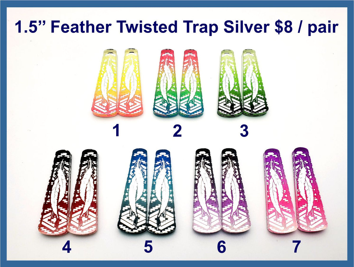 Seven pairs of 1.5 inch twisted trap cabochons (cabs) in engraved silver mirror acrylic, painted with feathers