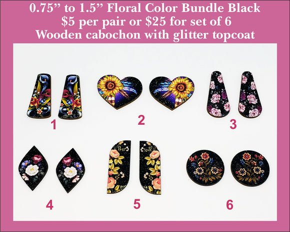 0.75'' to 1.5'' Floral Color Bundle Black, Wood Cabochon