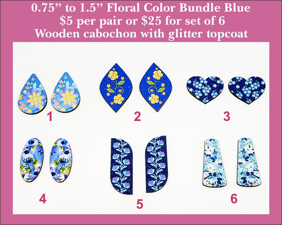 0.75'' to 1.5'' Floral Color Bundle Blue, Wood Cabochon