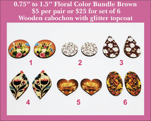 0.75'' to 1.5'' Floral Color Bundle Brown, Wood Cabochon