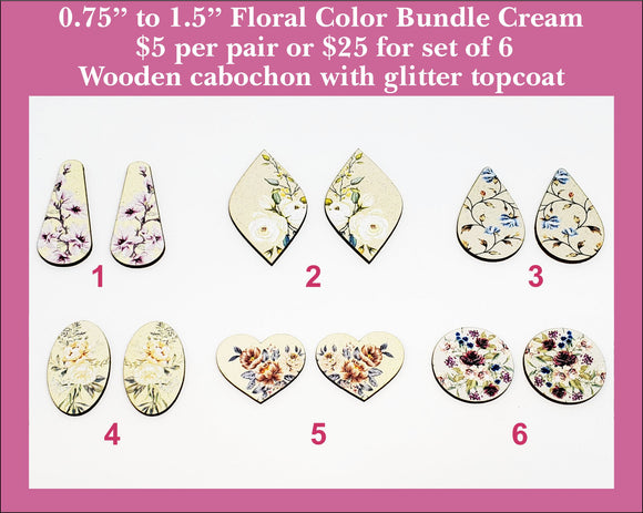 0.75'' to 1.5'' Floral Color Bundle Cream, Wood Cabochon