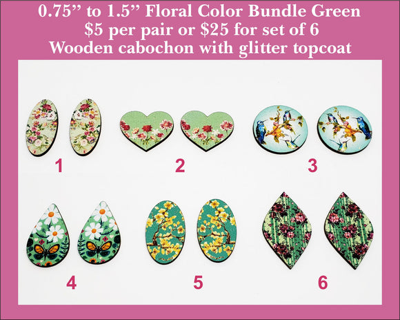 0.75'' to 1.5'' Floral Color Bundle Green, Wood Cabochon