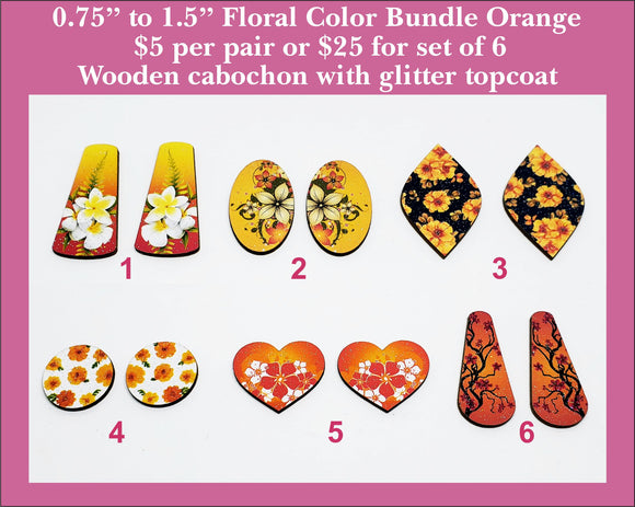 0.75'' to 1.5'' Floral Color Bundle Orange, Wood Cabochon