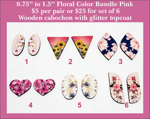 0.75'' to 1.5'' Floral Color Bundle Pink, Wood Cabochon