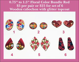 0.75'' to 1.5'' Floral Color Bundle Red, Wood Cabochon