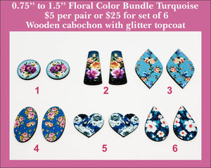 0.75'' to 1.5'' Floral Color Bundle Turquoise, Wood Cabochon