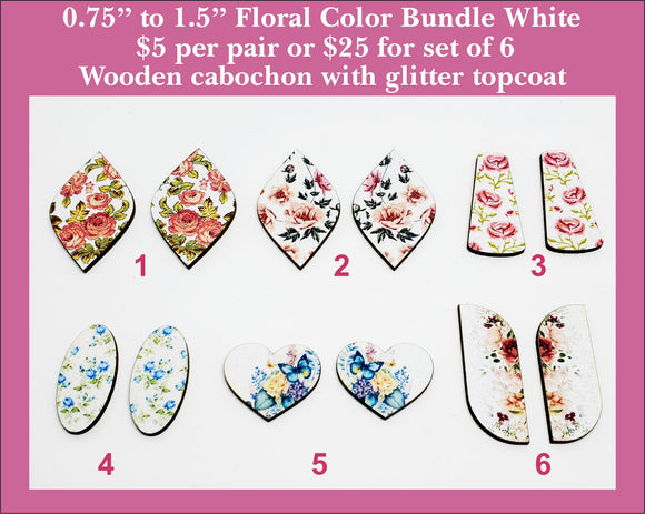0.75'' to 1.5'' Floral Color Bundle White, Wood Cabochon