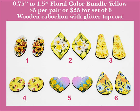0.75'' to 1.5'' Floral Color Bundle Yellow, Wood Cabochon