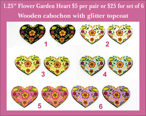 1.25'' Flower Garden Heart, Wood Cabochon