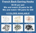 Chart of French back earring hooks in six colours, sold in pairs