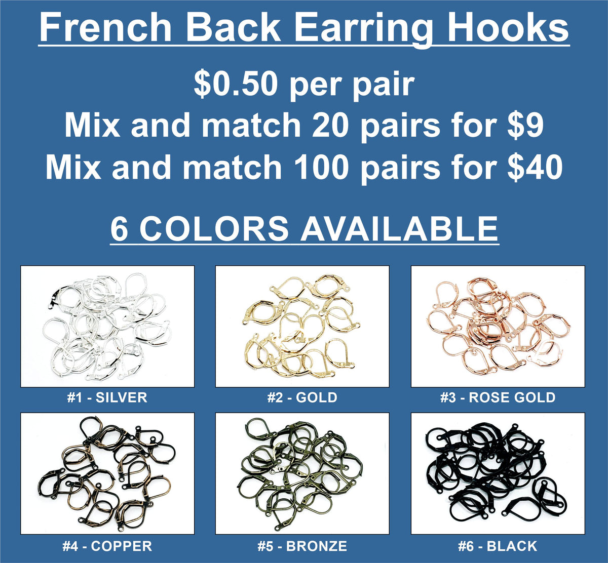 Chart of French back earring hooks in six colours, sold in pairs