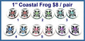 Six pairs of 1 inch round silver mirror acrylic Coastal frog cabochons (cabs) painted in six colours