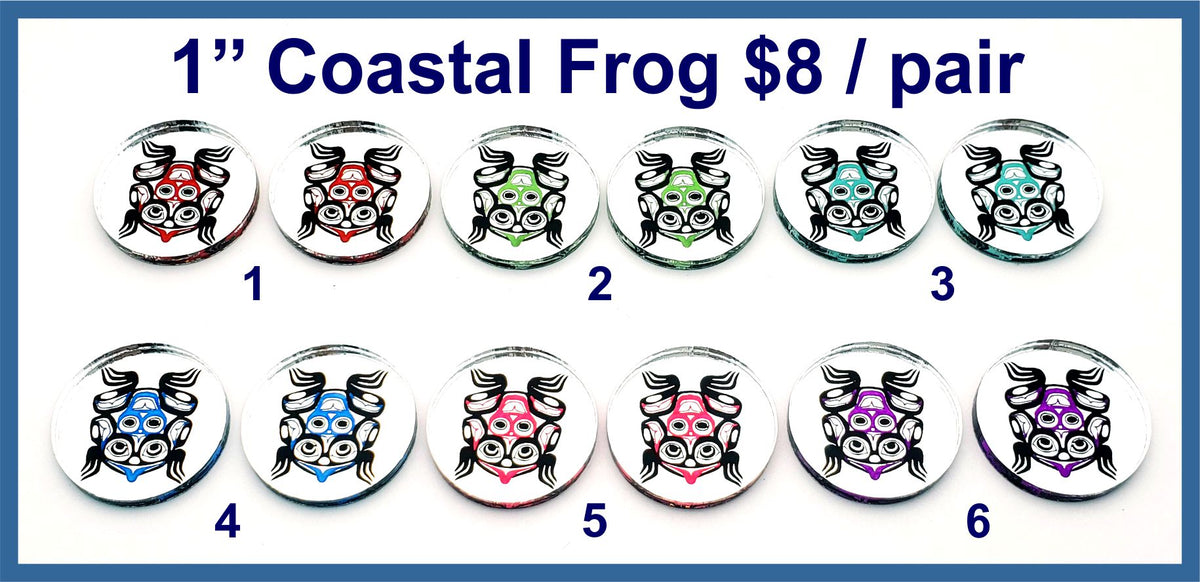 Six pairs of 1 inch round silver mirror acrylic Coastal frog cabochons (cabs) painted in six colours