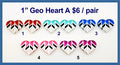 Five pairs of 1 inch silver mirror acrylic geometric heart cabochons (cabs) in red, aqua, blue, pink and magenta