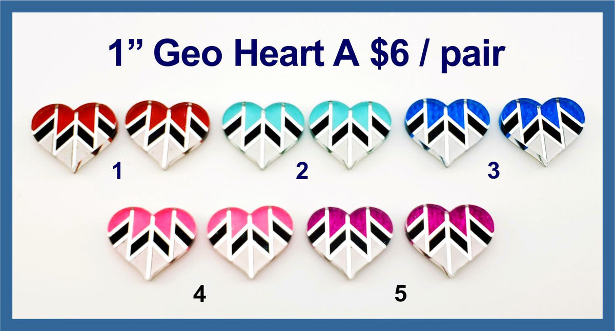 Five pairs of 1 inch silver mirror acrylic geometric heart cabochons (cabs) in red, aqua, blue, pink and magenta