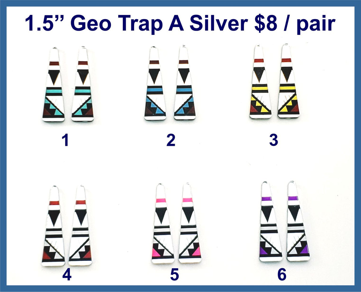Six pairs of 1.5 inch silver mirror acrylic geometric trap cabochons (cabs) with step designs in six colours