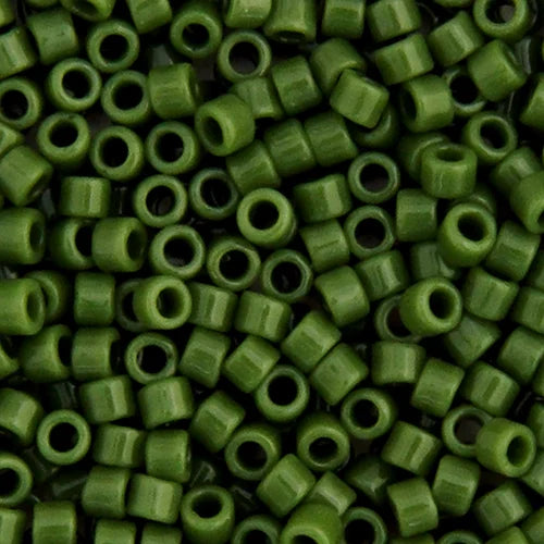 Close-up of Miyuki Delica 11/0 DB1135 cylinder beads in opaque green avocado