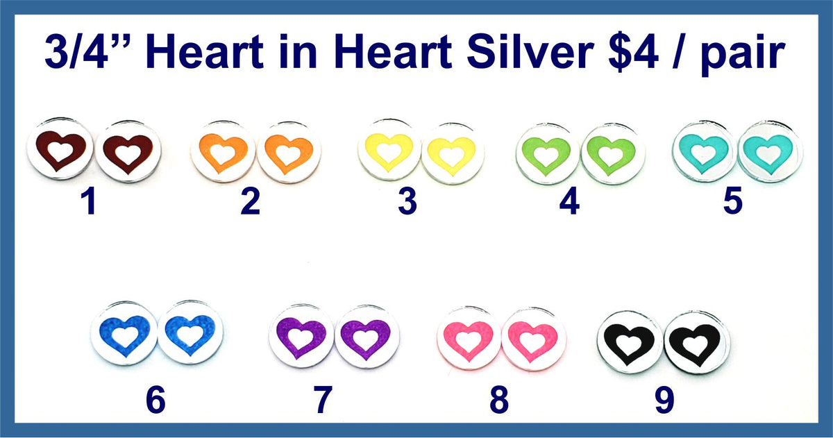 Nine pairs of 3/4 inch silver mirror acrylic heart-in-heart cabochons (cabs) in rainbow colours