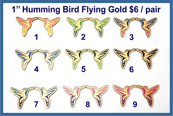 Gold acrylic flying hummingbird cabs, nine pairs with engraved wings painted in bright colours