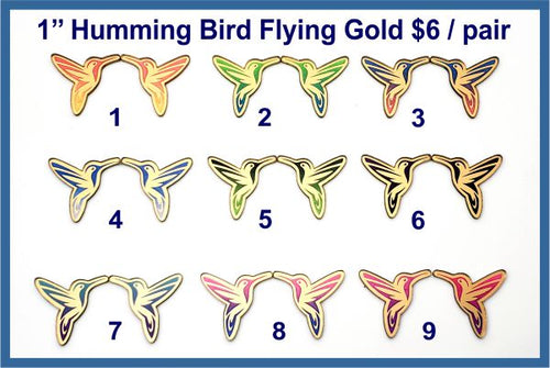 Gold acrylic flying hummingbird cabs, nine pairs with engraved wings painted in bright colours