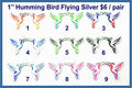 Silver mirror acrylic flying hummingbird cabochons, nine pairs painted in bright colours