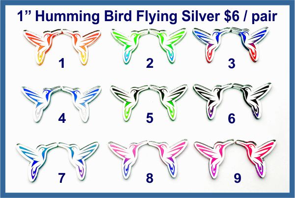 Silver mirror acrylic flying hummingbird cabochons, nine pairs painted in bright colours