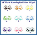 Nine pairs of 3/4 inch round silver mirror acrylic floral hummingbird cabochons (cabs) in rainbow colours