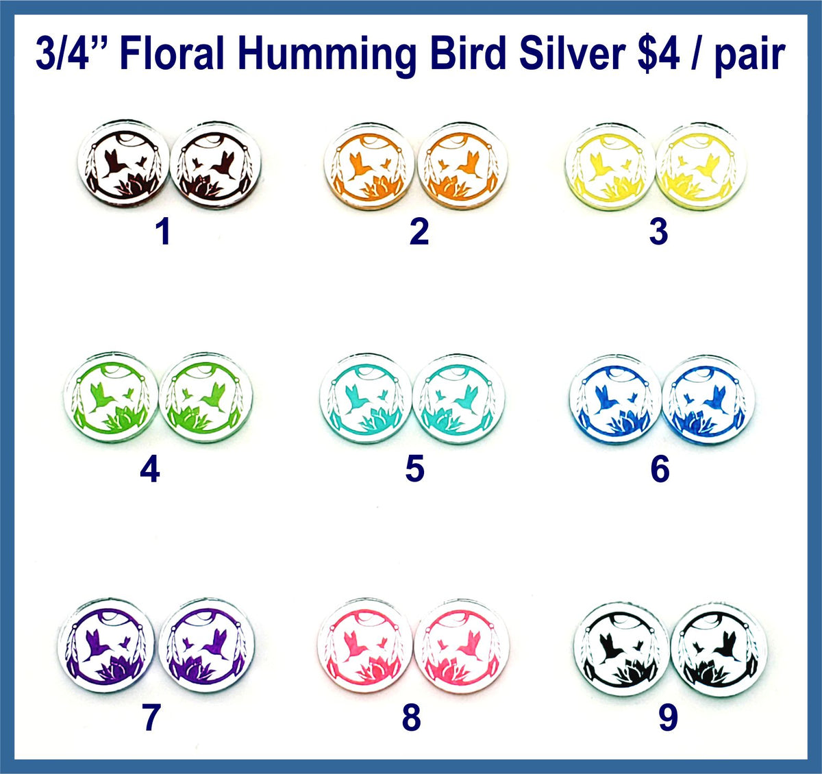 Nine pairs of 3/4 inch round silver mirror acrylic floral hummingbird cabochons (cabs) in rainbow colours