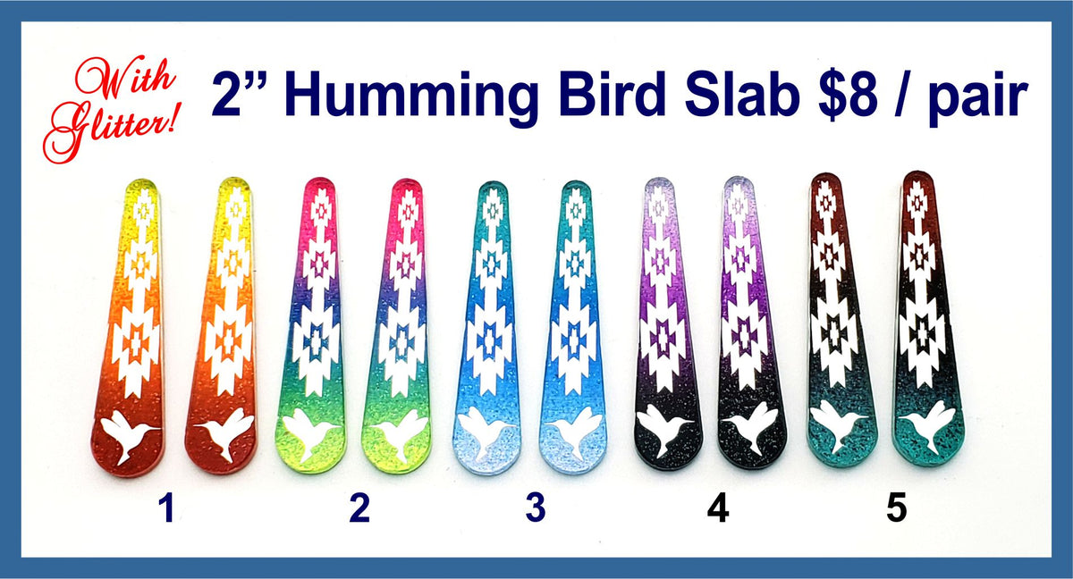 Five pairs of 2 inch glitter slab cabochons (cabs) with a hummingbird and geometric designs in ombre colours