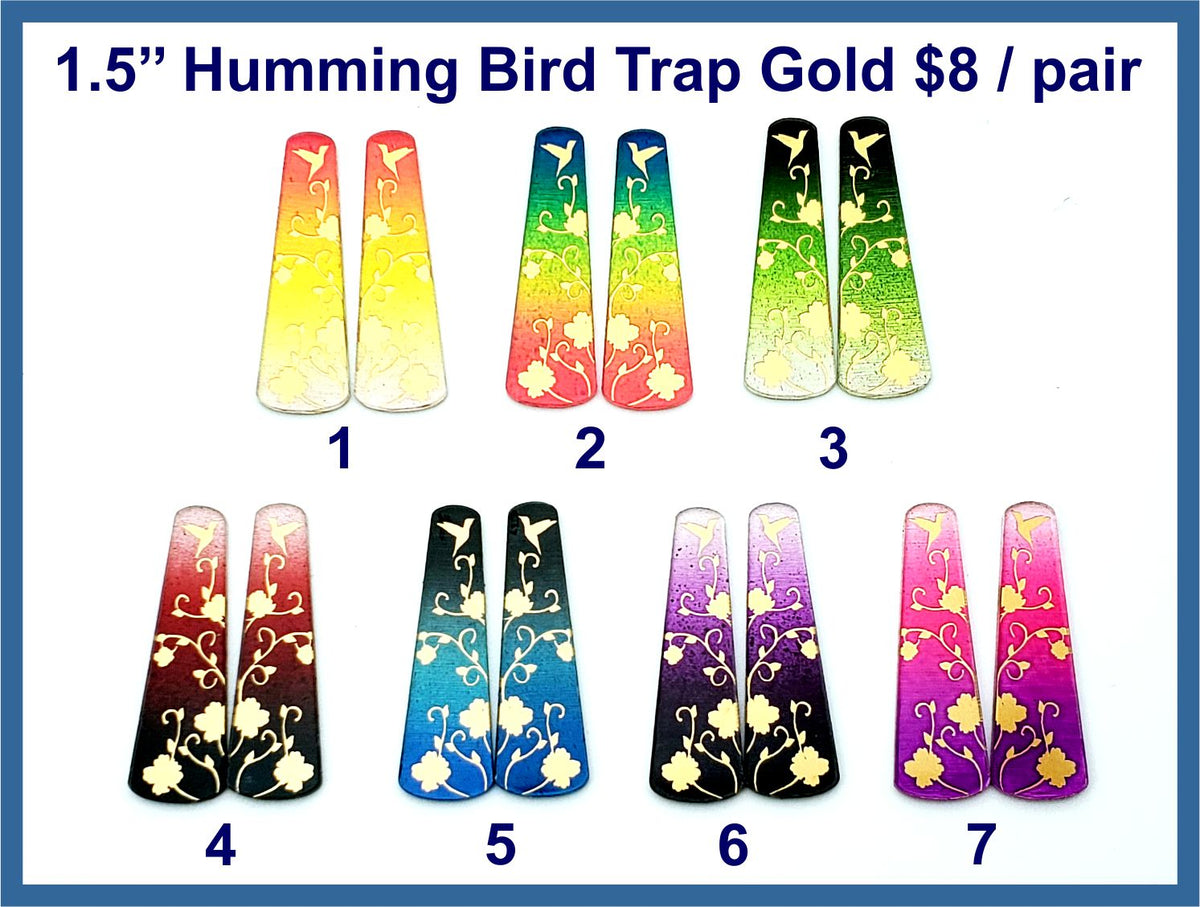 Gold acrylic hummingbird trap cabs, seven pairs with engraved flowers in ombre colours