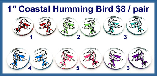 Six pairs of 1 inch round silver mirror acrylic Coastal hummingbird cabochons (cabs) painted in six colours