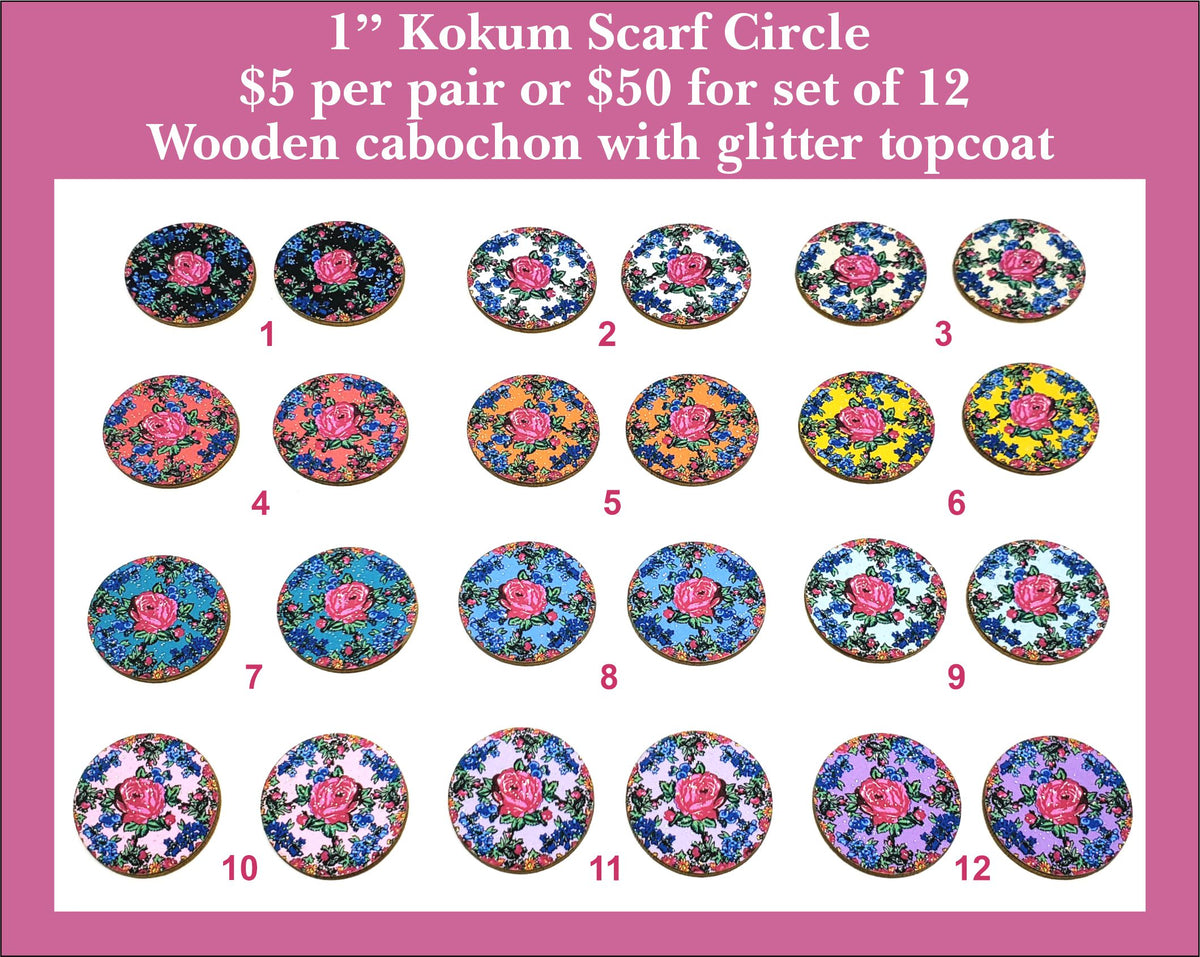 Twelve pairs of 1 inch round kokum scarf cabochons (cabs) with pink roses on dark and bright florals