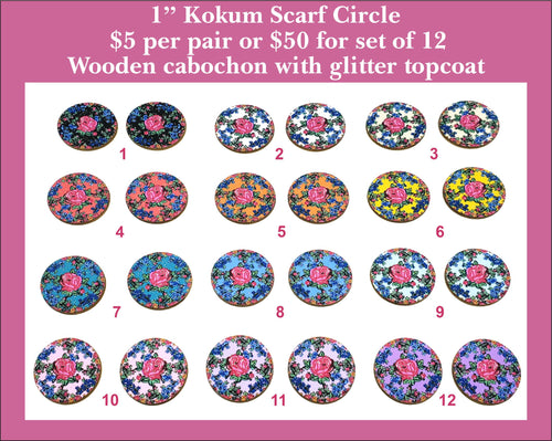 Twelve pairs of 1 inch round kokum scarf cabochons (cabs) with pink roses on dark and bright florals