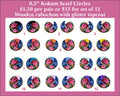 Twelve pairs of 0.5 inch round kokum scarf cabochons (cabs) with pink roses on black, blue and bright backgrounds